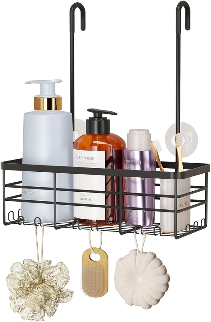 HapiRm Hanging Shower Caddy Organizer - No Drilling Shower Organizer with Hooks, Rustproof & Waterproof 304 Stainless Steel Bathroom Shelves - Black (1 Basket) by HapiRm