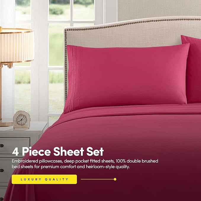 Full Size Sheet Set with Built-in Sheet Straps - Deep Pocket Fitted Sheet, Flat Sheet & Pillowcases - Soft, Wrinkle-Free, Secure Fit - Fuschia