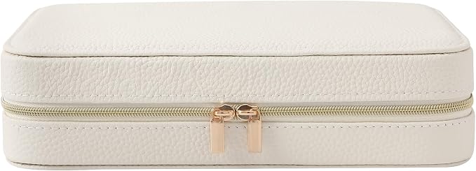 Genuine Leather Travel Jewelry Organizer Case Box with Mirror for Women, Small Mini Portable Jewelry Box for Ring Earrings Necklace Bracelet Luxury Gift for Women（White） - Image 2