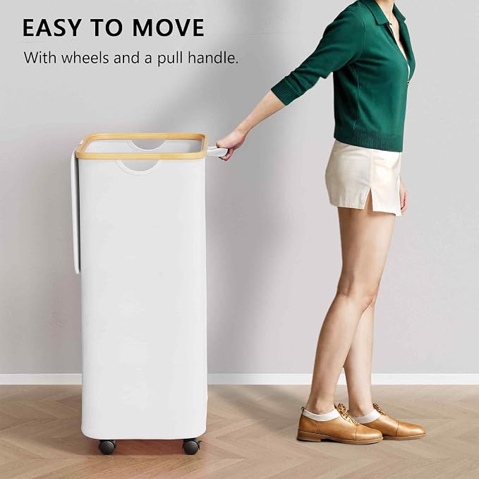 SUOCO Laundry Hamper on Wheels 100L, Clothes Basket with Lid and Bamboo Handles, Foldable Laundry Hamper for Bedroom, Bathroom, Dorm, Laundry Room - White - Image 3