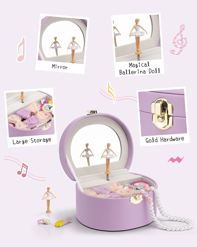 VLANDO Bithday Gifts for Girl, Musical Jewelry Box for Girls, Small Kid Music Box with Ballerina for Party Bedroom Decor, Gifts for Girls Kids - Purple - Image 4