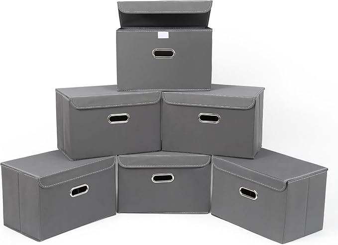 STOREONE Fabric Storage Cube Bins Foldable Organizer Container Collapsible Basket with Lids and Metal Handles, for Home, Bedroom, Closet 6 Pcs (Grey) by STOREONE