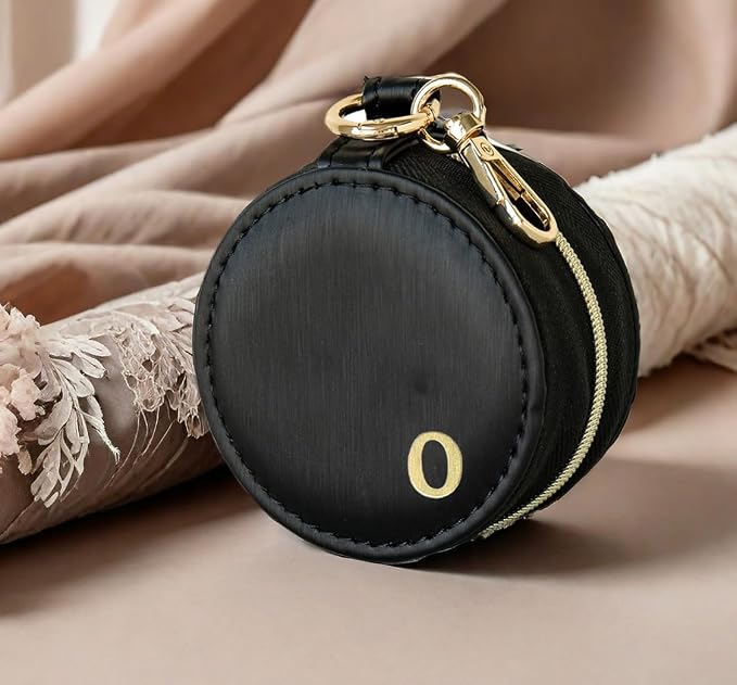 COLLECTIVE HOME - Monogrammed Letter Jewelry Case, Portable Travel Ring Holder Box with Keychain, Personalized Initial Organizer for Earrings Necklaces, Gift for Her (Black-o) - Image 2