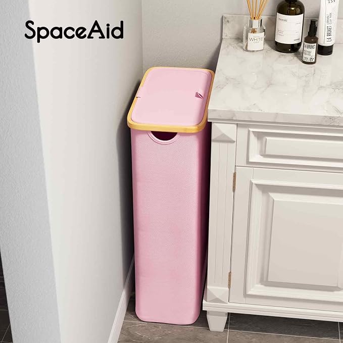SpaceAid Slim Laundry Hamper with Lid, 65L Narrow Clothes Basket Bin with Bamboo Handles, Skinny Tall Collapsible Hamper for Bedroom, Bathroom, Dorm, Laundry Room - Pink - Image 4