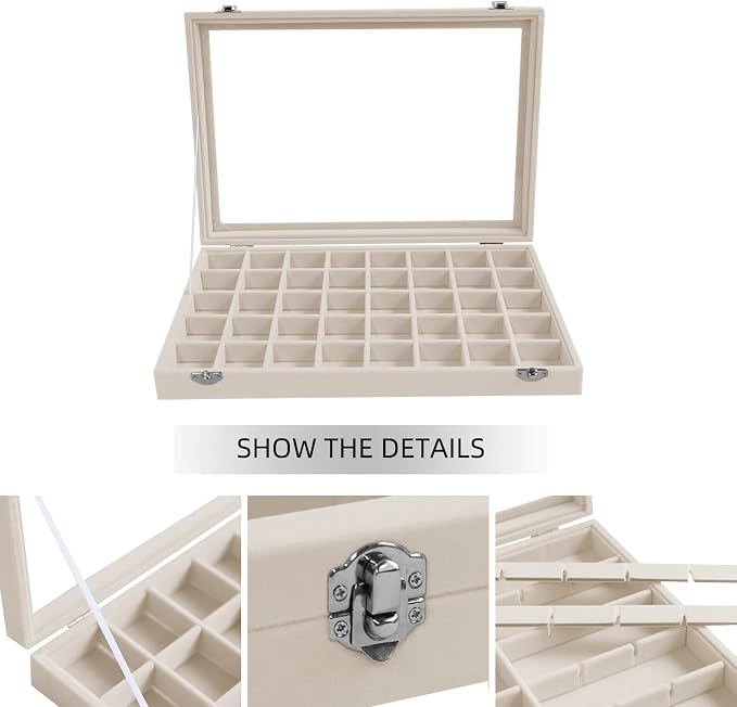 Stratalife Jewelry Organizer 40 Grid Jewelry Trays with Dust-proof Lid Velvet Earring Organizer Ring Holder Accessories Box Necklaces Earrings Storage for Women Drawers Cream - Image 2