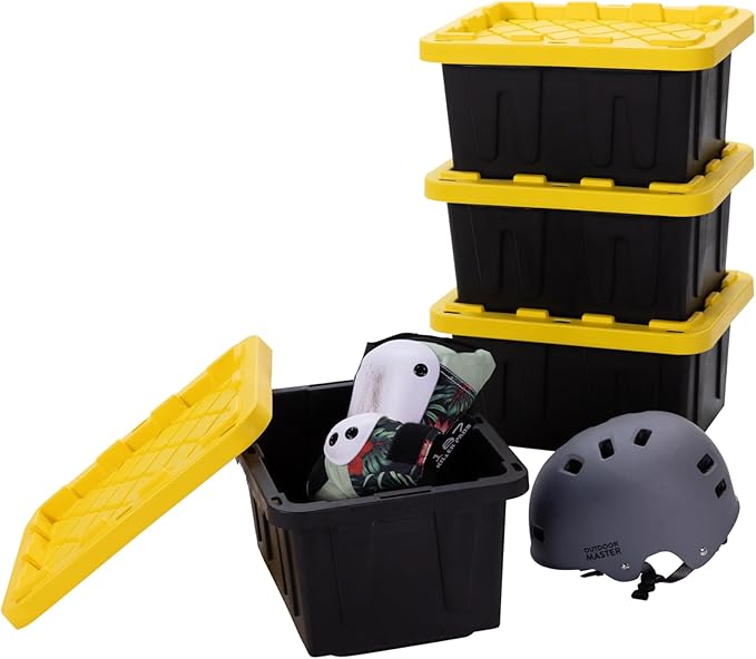 Plastic 5-Gallon Storage Tote with Lockable Lid, Stackable Tough Regular-Duty Bin for Garage, Tools, and Home Organization (4-Pack) - Black and Yellow - Image 2