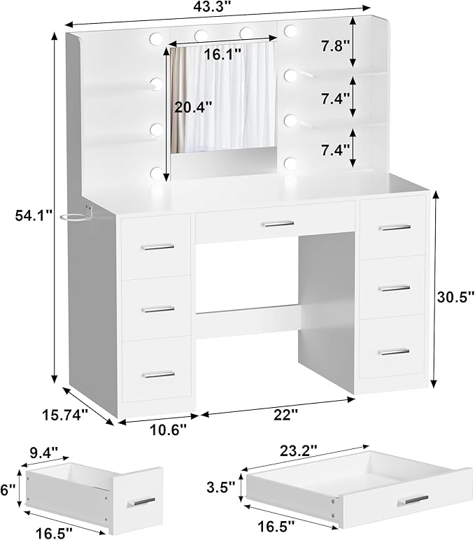 Makeup Vanity Desk with Mirror and 10 Lights, Table with 7 Drawers and 4 Open Shelves, 3 Color Modes and Adjustable Brightness, Charging Station for Bedroom, Bright White