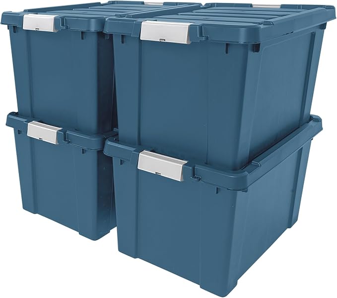 IRIS USA 20 Gallon Eco-Friendly Lockable Storage Bins with Lids, 4 Pack - Made in USA, Heavy Duty, Stackable Containers, Garage Organizing Bins Moving Tubs, Rugged Sturdy Equipment Utility Box - Navy by IRISUSA