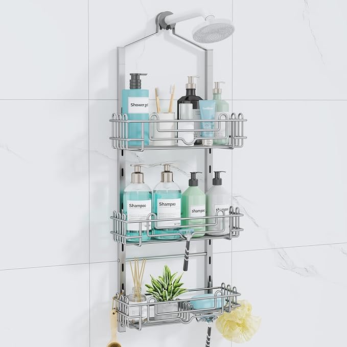 Consumest Shower Caddy Hanging – Rustproof Over Shower Head Hanger with Soap Holder and Hooks, Anti-Slip Shower Shelves for Storage, Bathroom Organizer for Apartment, Dorm, Silver by Consumest