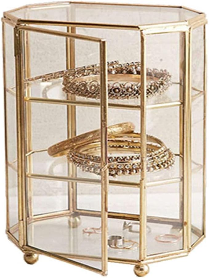3-Tier Glass and Gold Jewelry Box, Makeup Organizer, Glass Display Case - Image 3