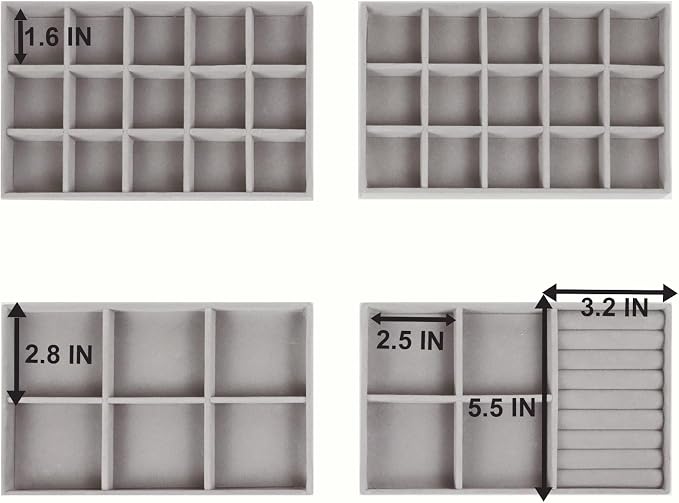 Set of 4 Stackable Jewelry Trays Organizer, Velvet Earring Organizer, Jewelry Organizer Showcase Display Drawer Organizer Storage, Earring Holder Necklace Bracelet Ring Accessary Organizers (Gray) - Image 3