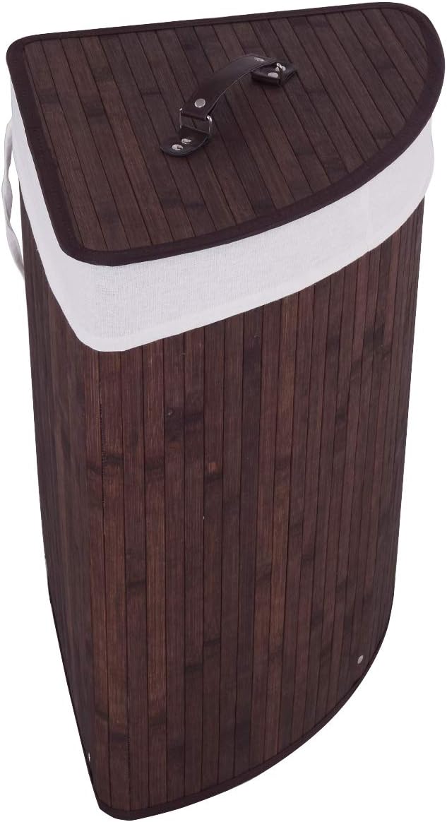 GOFLAME Corner Bamboo Laundry Hamper with Lid and Removable Liner, Washing Clothes Basket Storage Bin with Handle, Suitable for Bedroom, Bathroom, Laundry (Brown) by GOFLAME