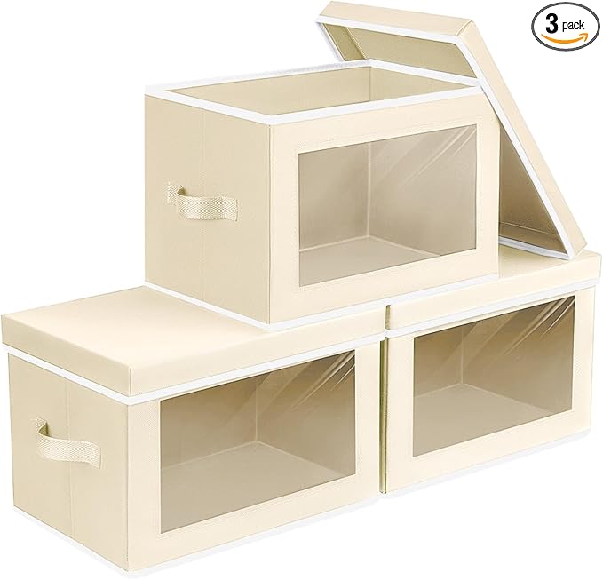 Homsorout Storage Bins with Lids - Small Fabric Organizers with Window, Collapsible Storage Bins for Clothes, Decorative Closet Organizers for Towels, Tshirt, 3 Pack, Beige by Homsorout