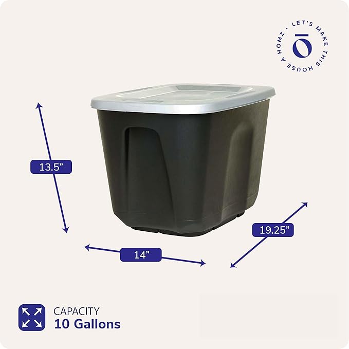 HOMZ Durable Molded Bin, Plastic Storage Container with Lid, 10 Gallon, Black/Silver - Stackable Organizer Totes and Boxes for Bedroom, Kitchen, and Garage Organization