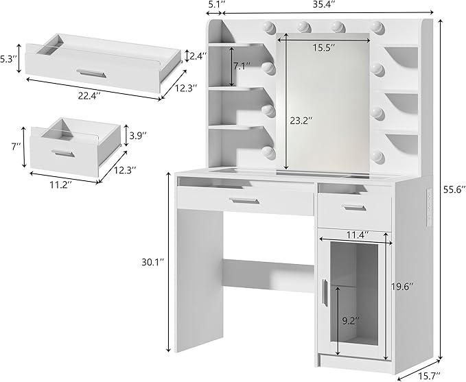 HUAHUU Vanity Desk with Mirror and Lights, Makeup Vanity Desk with Lights 3 Colors, Transparent Top Vanity with 2 RGB Drawers, 6 Shelves, Large Tempered Cabinet, Power Outlet, for Bedroom, Black