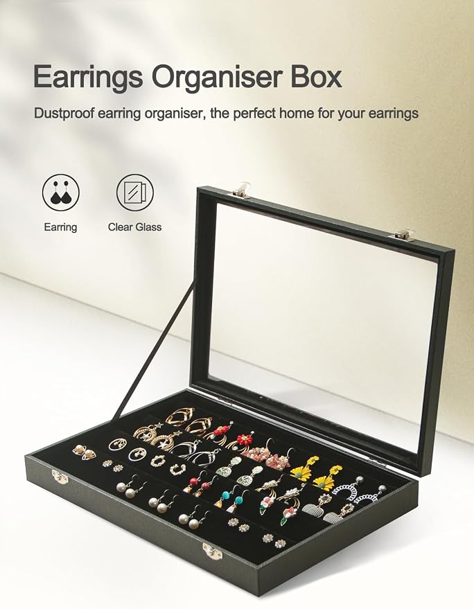 Coward Earring Organizer Tray Box, Black Velvet Earring Jewelry Display Storage Tray Case with Transparent Glass Lid for Home Drawer or Shop Selling - Image 3