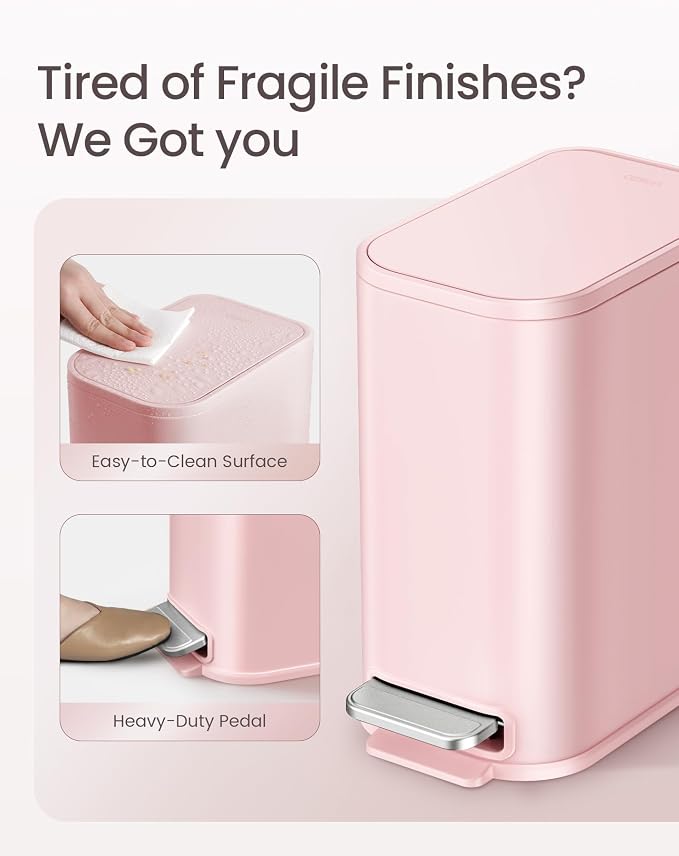 Cesun Small Bathroom Trash Can with Lid Soft Close, Step Pedal, 5 Liter / 1.3 Gallon Stainless Steel Garbage Can with Removable Inner Bucket, Waste Basket for Bathroom, Bedroom (Pink) - Image 3