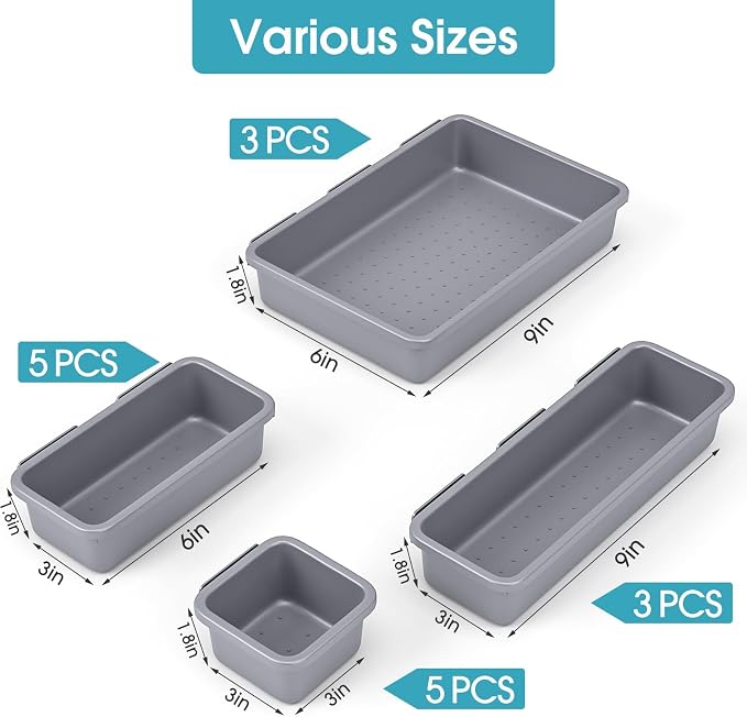16 PCS Drawer Organizer Set, 4 Size Makeup Drawer Divider Organizer With Non-Slip Pads, Interlocking Plastic Storage Bins for Office,Jewelry Vanity,Gadgets, Bathroom,Kitchen, Grey - Image 2