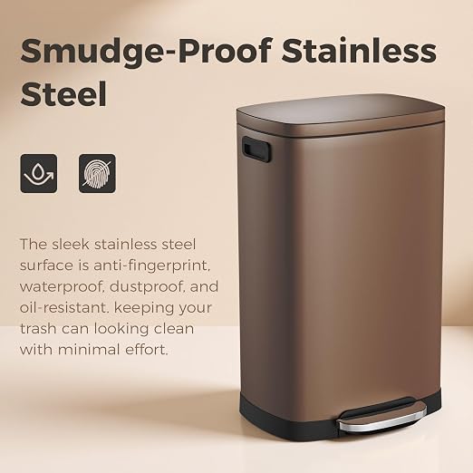 ELPHECO LPHECO Kitchen Trash Can with Lid Soft Close, 13 Gallon / 50L Stainless Steel Pedal Garbage Can, Heavy-Duty Step Wastebasket with 20 Bags, Removable Bucket, Home Office, Kitchen, Brown - Image 2