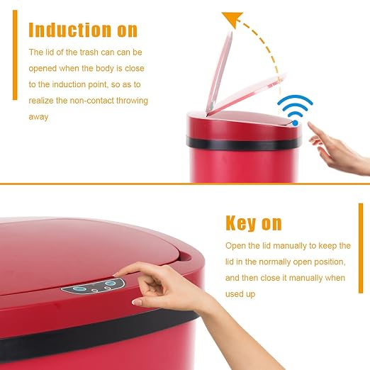 Kitchen Trash Can Bathroom Bedroom Office Garbage Can with Lid Automatic Touch Free Waste Bin Stainless Steel 13 Gallon / 50L,Red - Image 6