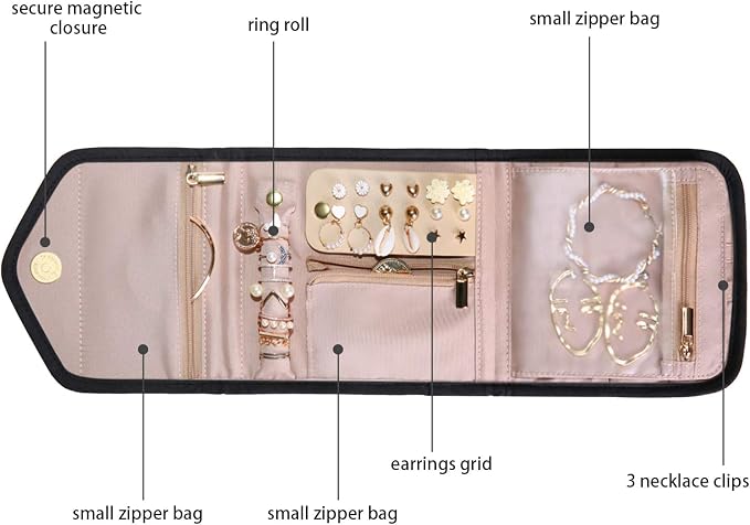 BAGSMART Travel Jewelry Organizer Case Foldable Jewelry Roll for Journey Rings, Necklaces, Earrings, Bracelets, Mini, Black - Image 3