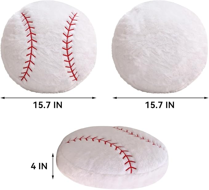 Plush Baseball Pillow 2 Pack, Soft Fluffy Round Baseball Shaped Throw Pillows for Kids Room, Sofa & Bed Decor, Seat Cushion Alternative for Gaming & Sports Room 15.7 Inch