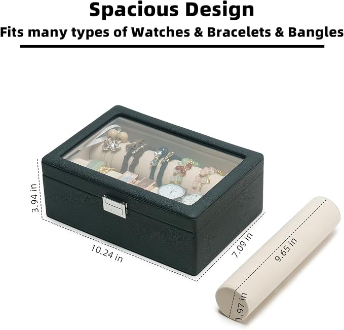 Bracelets Organizer Rods Bangles Display Holder, Clear See through Lid Leather Velvet Jewelry Storage Box Case for Women, 2 Rods Black Leather - Image 2