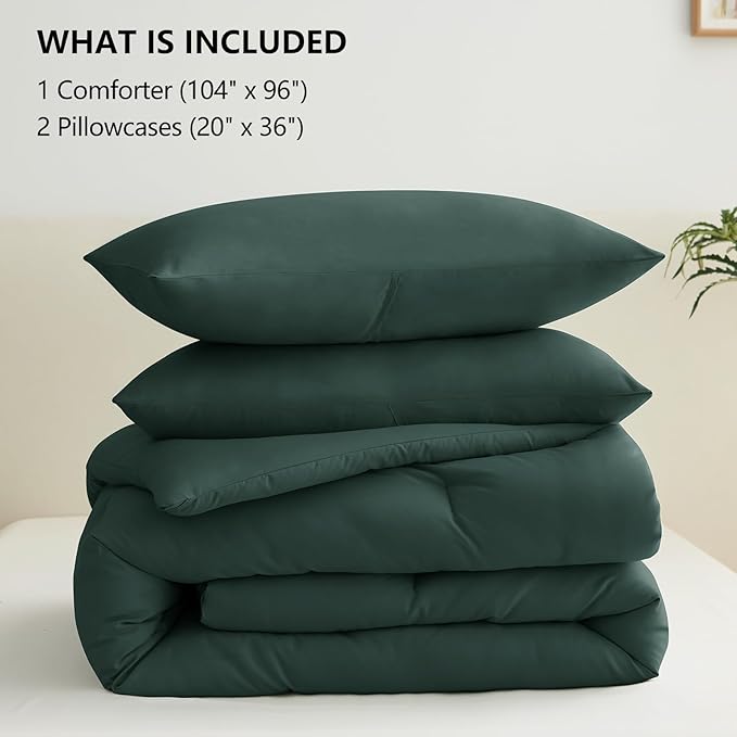 CozyLux California King Comforter Set Forest Green, 3 Pieces Cal King Solid Breathable Bedding Sets All Seasons, Luxury Soft Lightweight Bed Set with Down Alternative Comforter and 2 Pillowcases