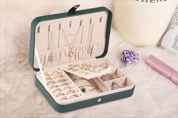 LANDICI Small Jewelry Box for Women Girls, PU Leather Travel Jewelry Organizer Case, Jewellery Storage Holder Display for Ring Earrings Necklace Bracelet Bangle Watch Men Kids Gift, Blackish Green - Image 8