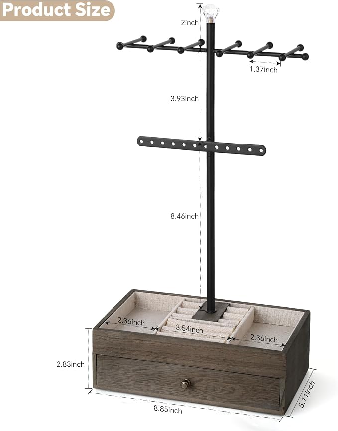 Meangood Jewelry Organizer Stand, 3-Tier Necklace Holder Jewelry Tree with Wooden Storage Drawer Box for Necklace Bracelet Earring Ring, Walnut - Image 7