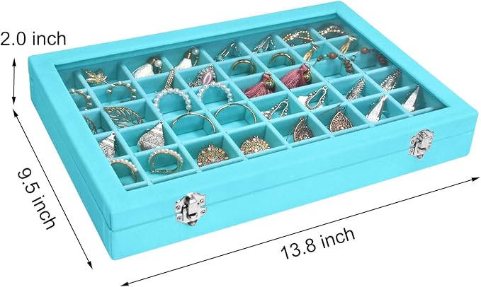 Siveit Velvet Jewelry Tray 48 Grid Jewelry Display Tray Organizer Box with Transparent Lid Rings Earrings Necklaces Pendants Display Box Suitable for Women and Girls (Light Blue) - Image 3