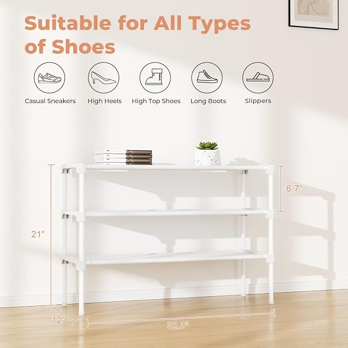 34" Widening Design Shoe Rack for Closet 16 Pairs Small Spaces Non-Woven 3 Tier Shoe Organizer Stackable Metal Shoe Shelf for Entryway, Bedroom White - Image 3