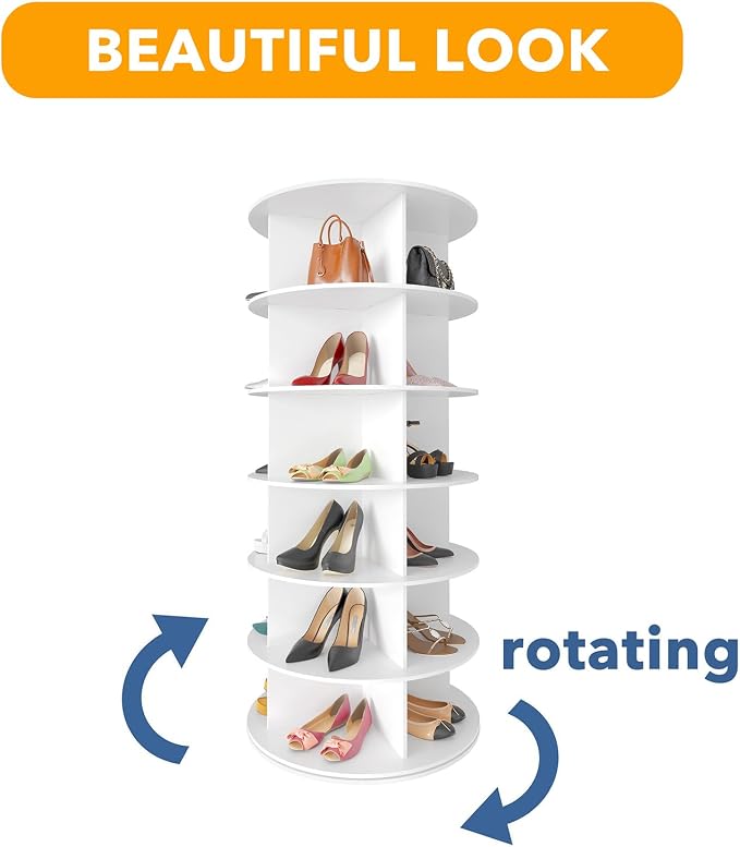 SpaceAid 6 Tier Rotating Shoe Rack Tower, Spinning Shoe Display Lazy Susan, Revolving 360 Shoe Rack Storage Round Carousel, Vertical Handbag Rotate Shoes Closet Organization (6-Tier White) - Image 7