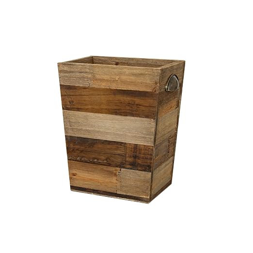 Small Wood Trash Can, Farmhouse Rectangular Garbage Can Waste Basket, Rustic Distressed Reclaimed Wood Wastebasket, Vintage Wooden Trash Recycling Bin Storage Basket with Metal Handles (Natural) by TIMRIS