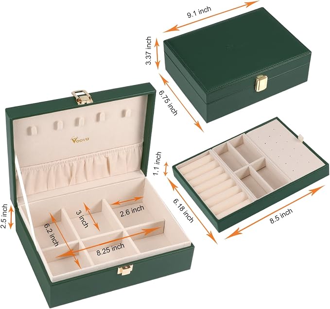 Voova Jewelry Box Organizer for Women Girls, 2 Layer Large Men Jewelry Storage Case, PU Leather Display Jewellery Holder with Removable Tray for Necklace Earrings Rings Bracelets, Blackish Green - Image 6