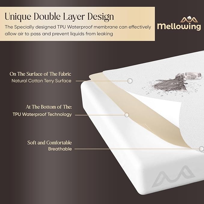 Mellowing 2 PCs Split Waterproof Mattress Protector Pad Cover Fitted Style Luxury Mattress Cover Terry Cotton White 15" Inch Deep (Split Queen 30"X80")