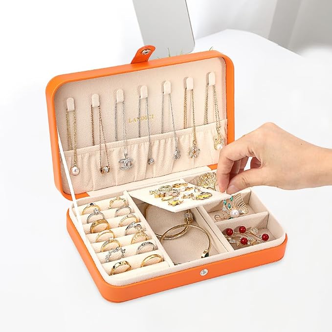 LANDICI Small Jewelry Box for Women Girls, PU Leather Travel Jewelry Case, Portable Jewelry Organizer Storage Holder Display for Ring Earrings Necklace Bracelet Bangle Men Kids Gift, Orange - Image 3