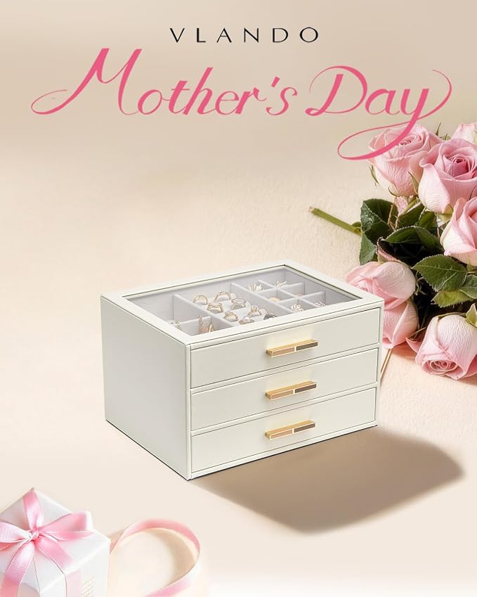 VLANDO Jewelry Box for Women, Glass Lid Jewelry Organizer with 3 Drawers for Necklaces Rings Earrings Bracelets Mother Day Gift for Mom - Cloud White - Image 2