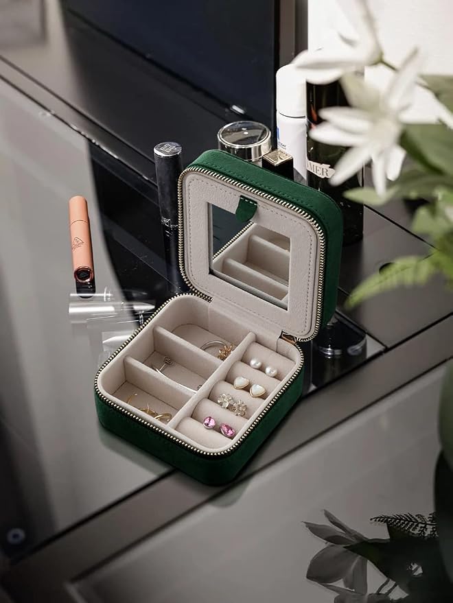 S.Leaf Travel Jewelry Organizer Boxes for Women Small Portable Necklace Earrings Bracelet Rings Travel Case Best Friend Birthday Gifts for Women Trendy (08_Suede_Touch_Emerald) - Image 5