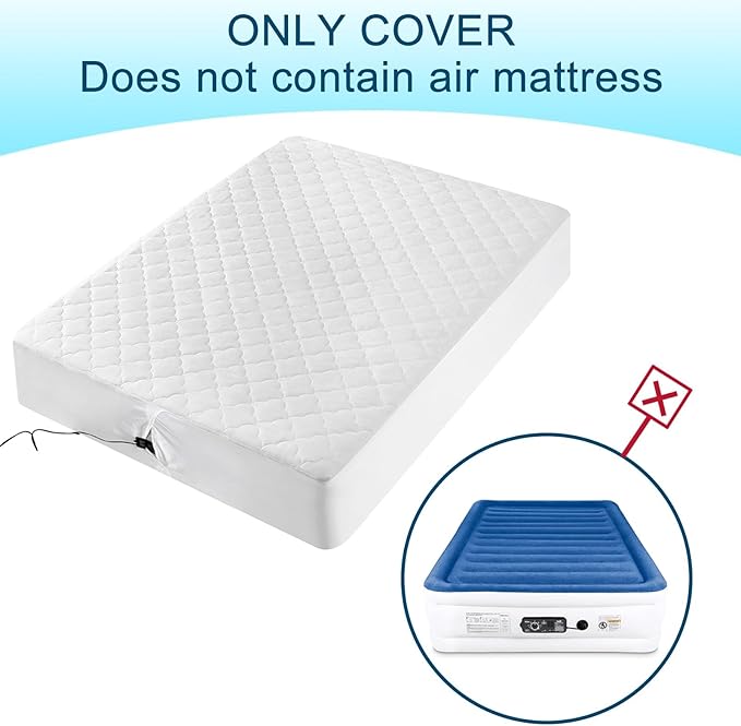 Queen Air Bed Mattress Pad with 15-24 Inch Deep Pockets - Waterproof Protector for Warm Sleep & Cold Air Insulation,Perfect for Camping, Guest Bed, Pets & Overnight Visitors-White
