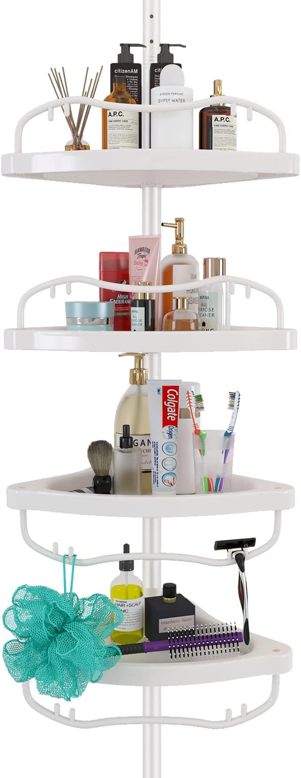 Shower Caddy Tension Pole with 4 ABS Baskets,Shower Storage Shelf with 56 to 125 Inch Adjustable Stainless Pole for Bathroom White - Image 2