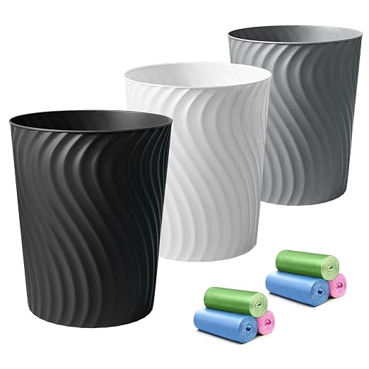 YGJT Small Trash Can, 3 Pack 1.8 Gallons Bathroom Trash Can Waste Basket, Round Garbage Can, Plastic Trash Bin for Kitchen, Dorm, Bedroom, Office, Living Room, Study, Compact Spaces(White Black Grey) by YGJT
