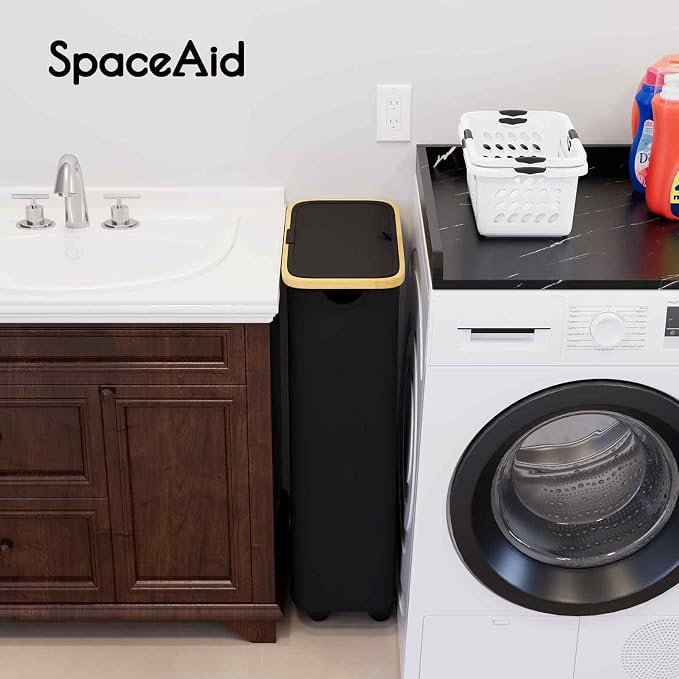SpaceAid Slim Laundry Hamper with Wheels and Lid,62L Rolling Narrow Clothes Basket with Bamboo Handle, Large Laundry Hamper for Bedroom, Bathroom, Dorm, Laundry Room - Black - Image 3