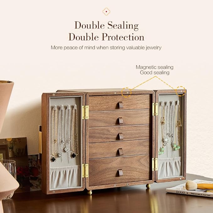 Double Door Jewelry Box - Black Walnut Wood, Velvet Lining, Gold Handle, Magnetic Closure, Handmade Storage Gifts for Mom, Mothers Day | 5-Layer - Image 3