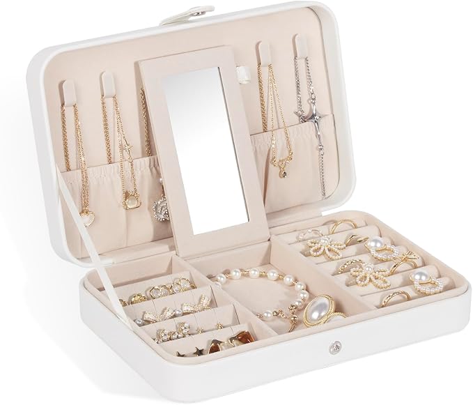 GUKA Travel Jewelry Case, Portable Jewelry Travel Organizer, PU Travel Jewelry Case Organizer for Rings Earrings Necklaces Bracelets Watch for Birthday Wedding Gifts. White by GUKA