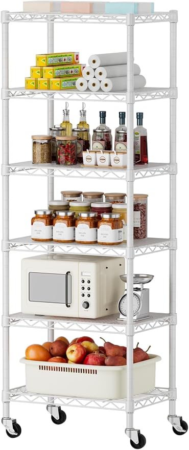SINGAYE 6 Small Shelf Storage Wire Shelves Closet Bathroom Organizers Metal Pantry Kitchen Garage Shelving Unit Laundry Room Organization Home Narrow Rack Net Basket with Wheels White - Image 8