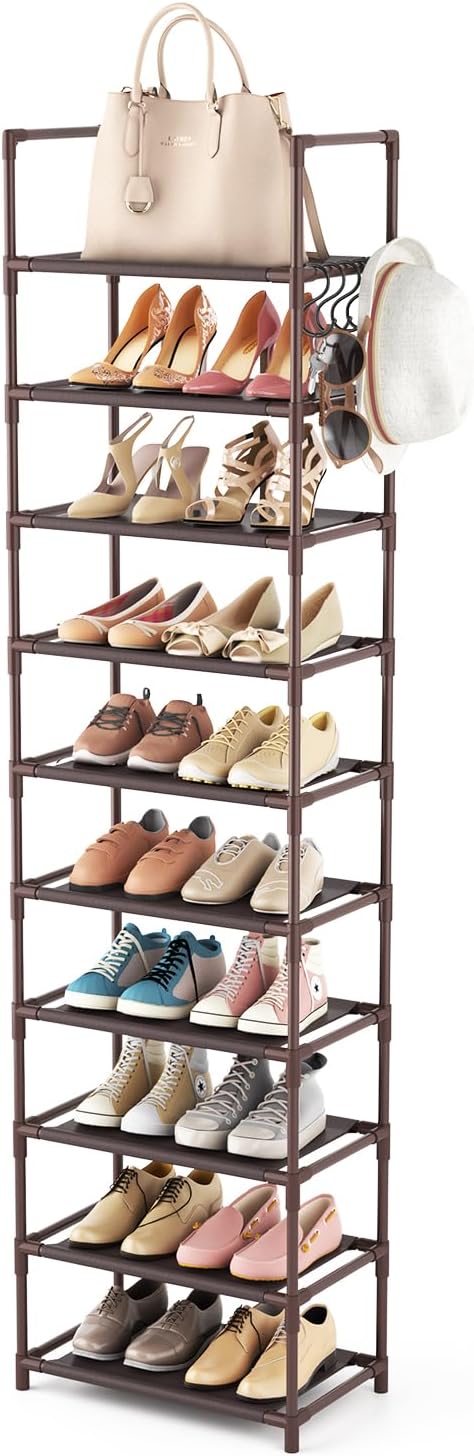 LANTEFUL 10 Tiers Tall Shoe Rack 20-25 Pairs Boots Organizer Storage Sturdy Narrow Shoe Shelf for Entryway, Closets with Hooks, Brown by LANTEFULforTidyingHouse
