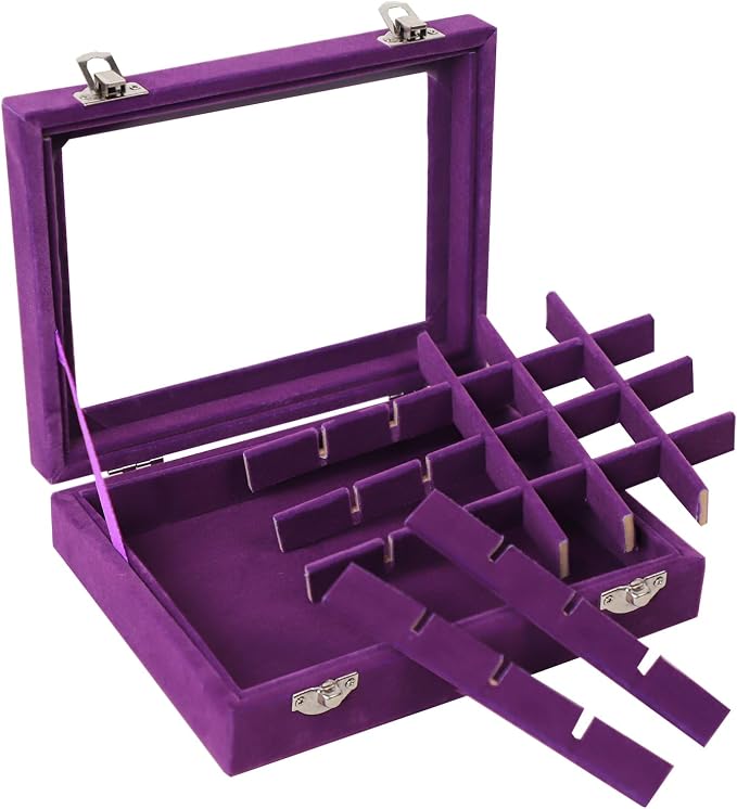 Velvet Jewelry Box 24 Grid Jewelry Earrings Display Organiser Box Ring Tray Holder Earrings Storage Case for Girls Women Wife Mom (Purple) - Image 5
