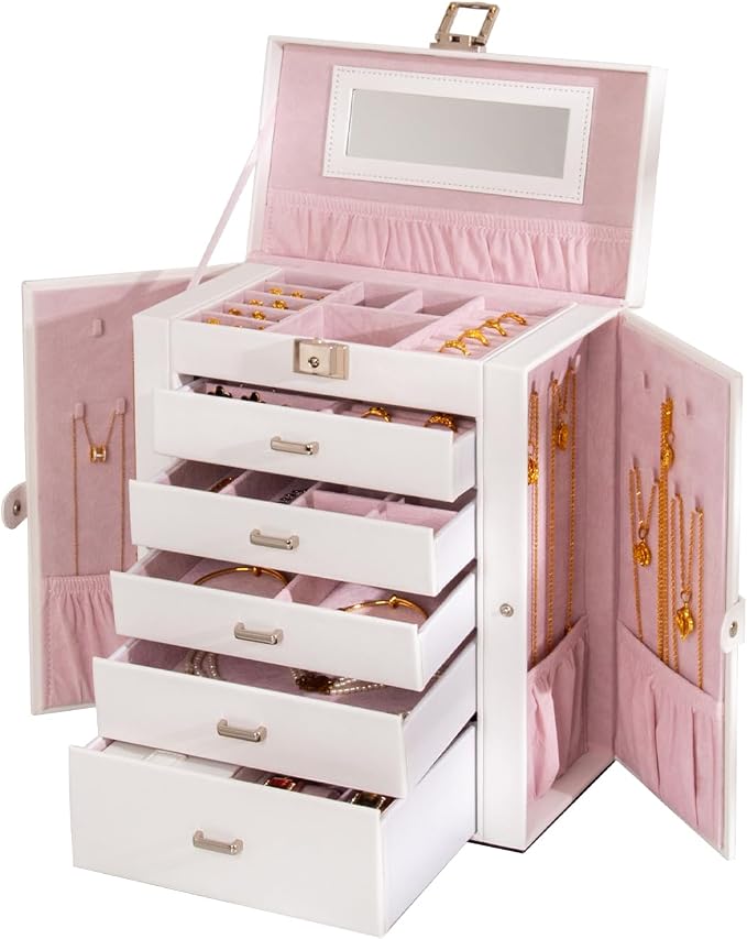 Large Jewelry Box,5-Tier PU Leather Jewelry Organizer with Lock,Multi-functional Storage Case with Mirror,Jewelry Organizer for Bracelets, Earrings, Rings, Necklaces, Mothers Day (CREAM) by FEIYANJewelryBox