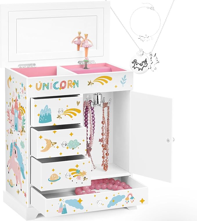 Large Jewelry Box for Girls 5-Layer Music Box with Swing Door Spinning Ballerina Unicorn Necklace & Bracelet Set Children Jewelry Organizer for Girls Kids Birthday Christmas Gift White by efubaby